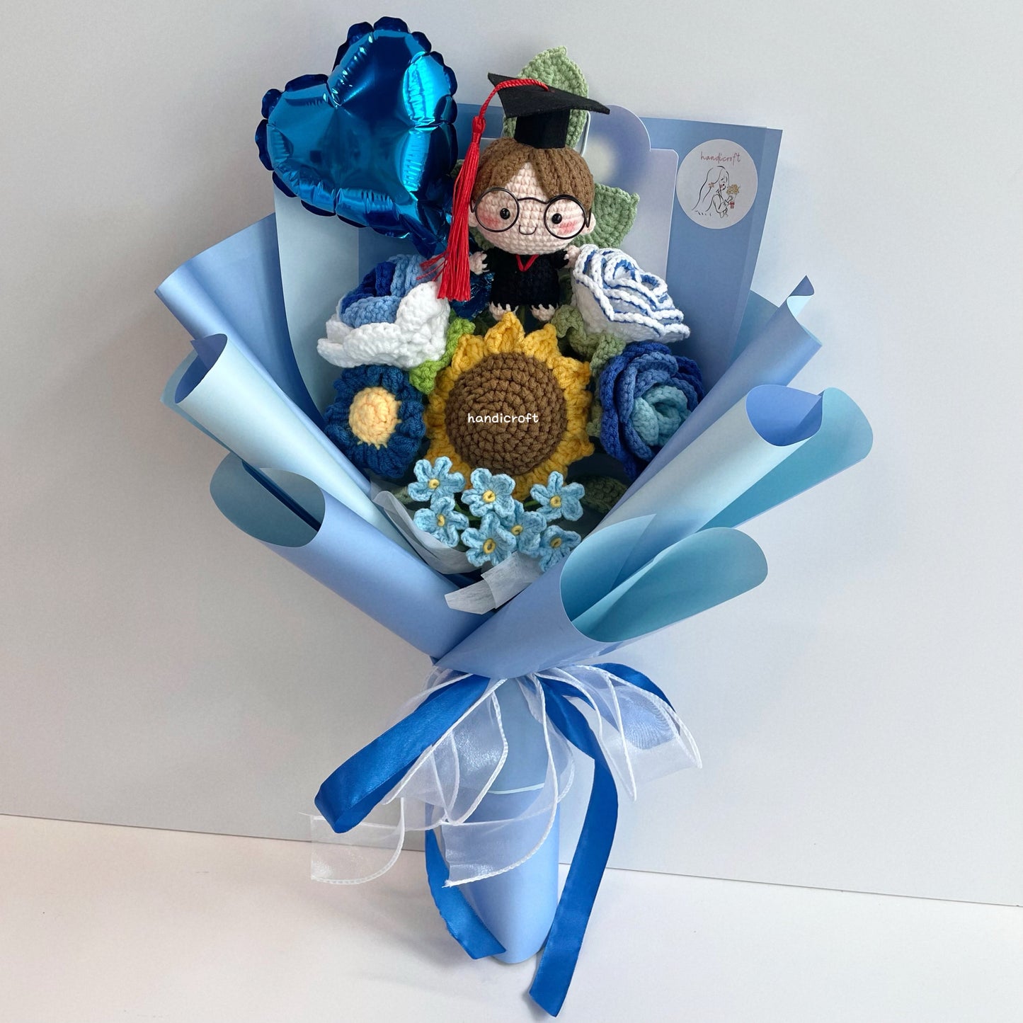 handicroft handmade crochet graduation flower bouquet blossom burst blue full body straight hair unisex