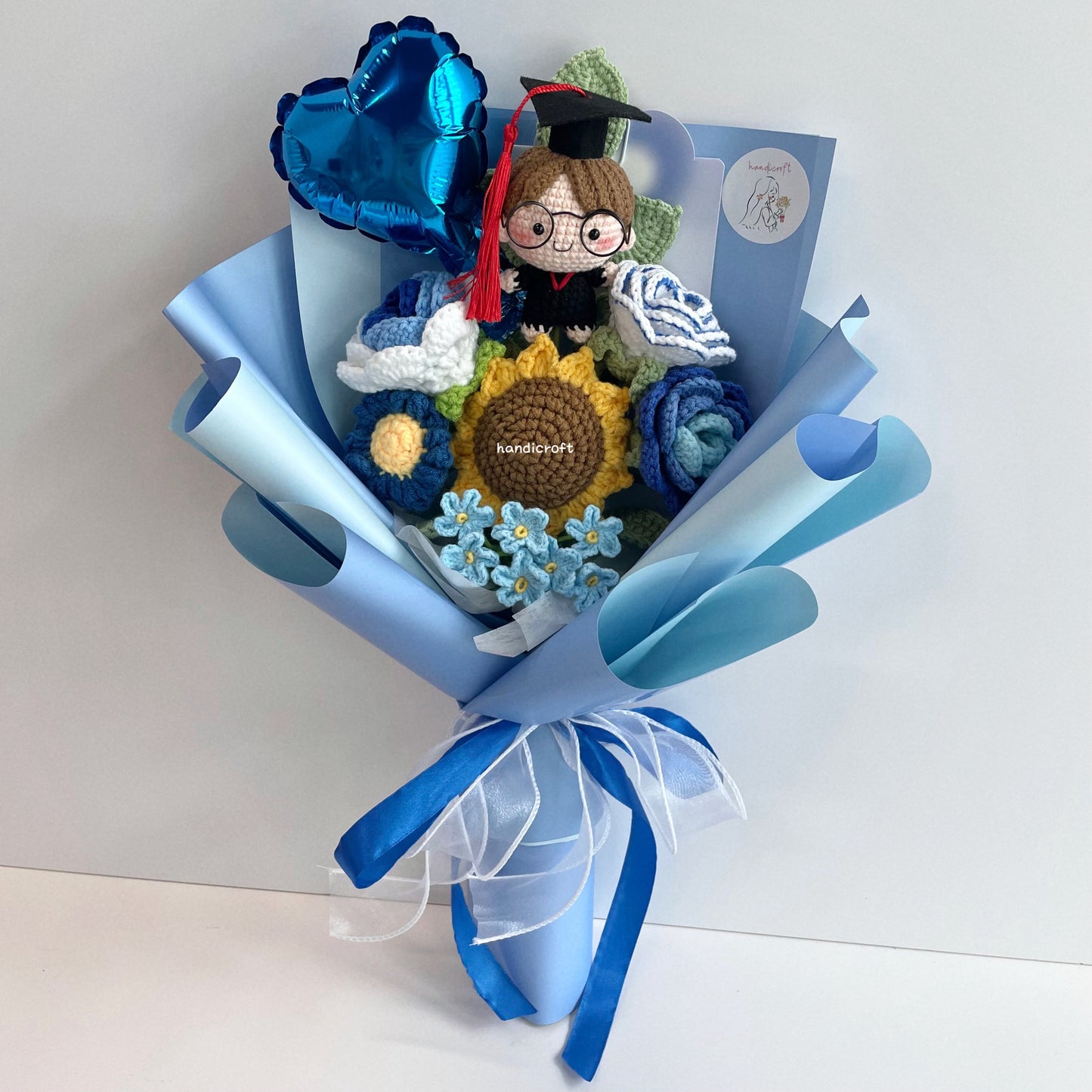 handicroft handmade crochet graduation flower bouquet blossom burst blue full body straight hair unisex