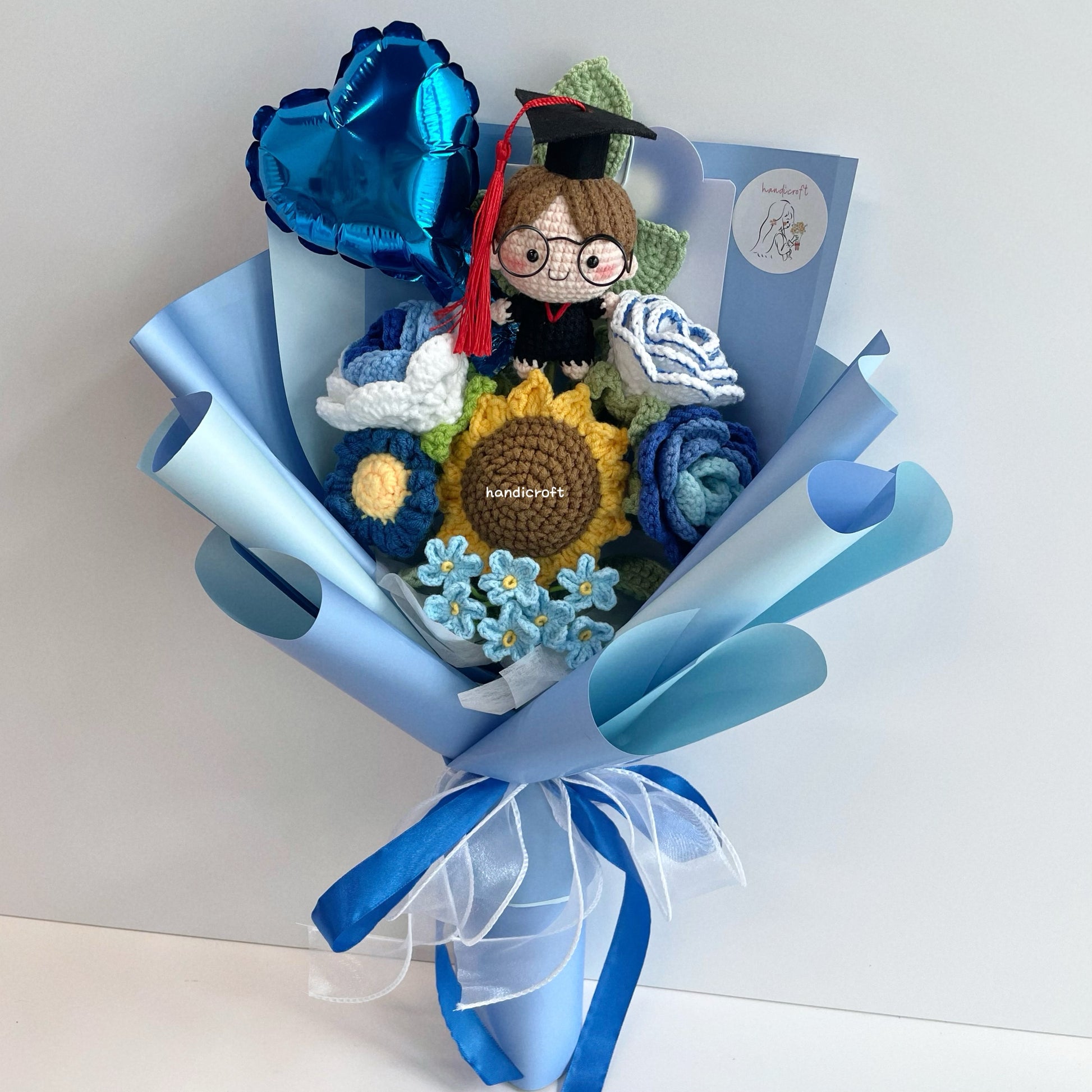 handicroft handmade crochet graduation flower bouquet blossom burst blue full body straight hair unisex