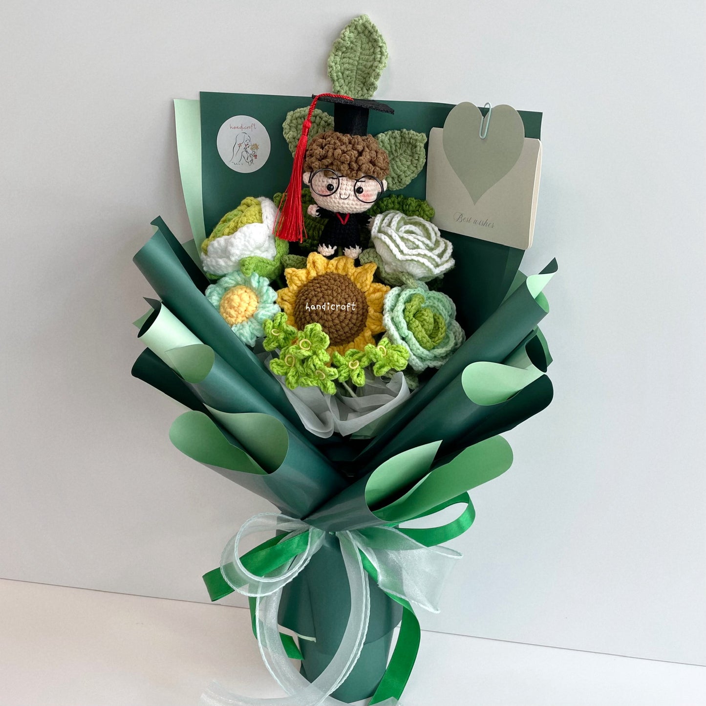 handicroft handmade crochet graduation flower bouquet blossom burst green full body curly hair boy