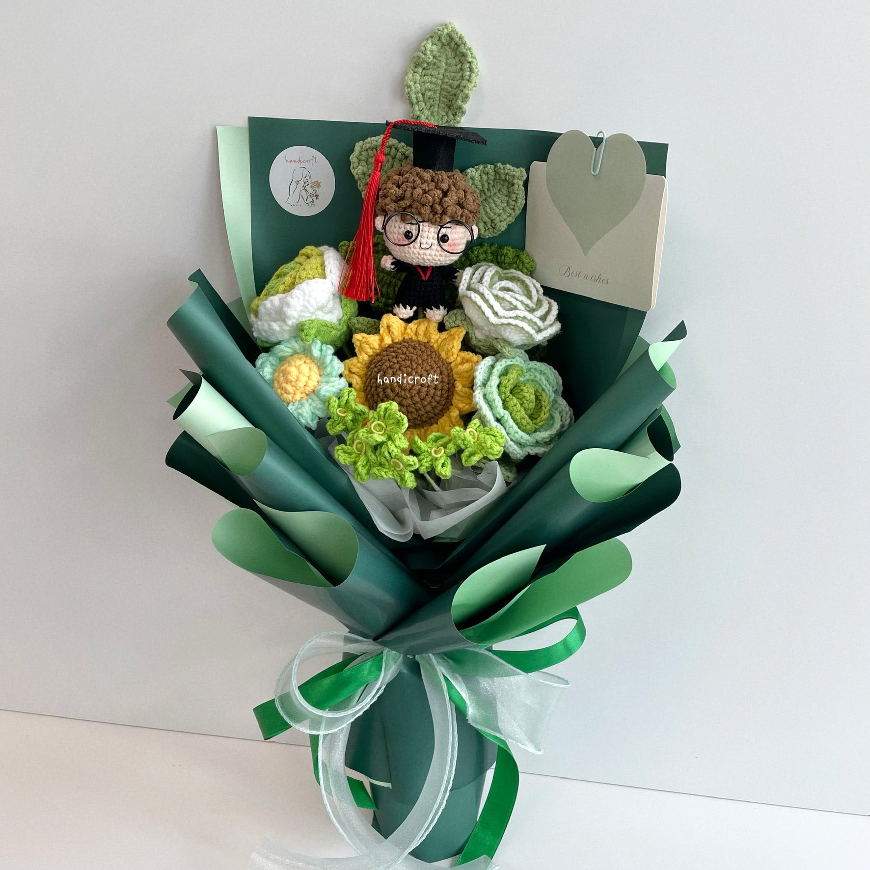 handicroft handmade crochet graduation flower bouquet blossom burst green full body curly hair boy