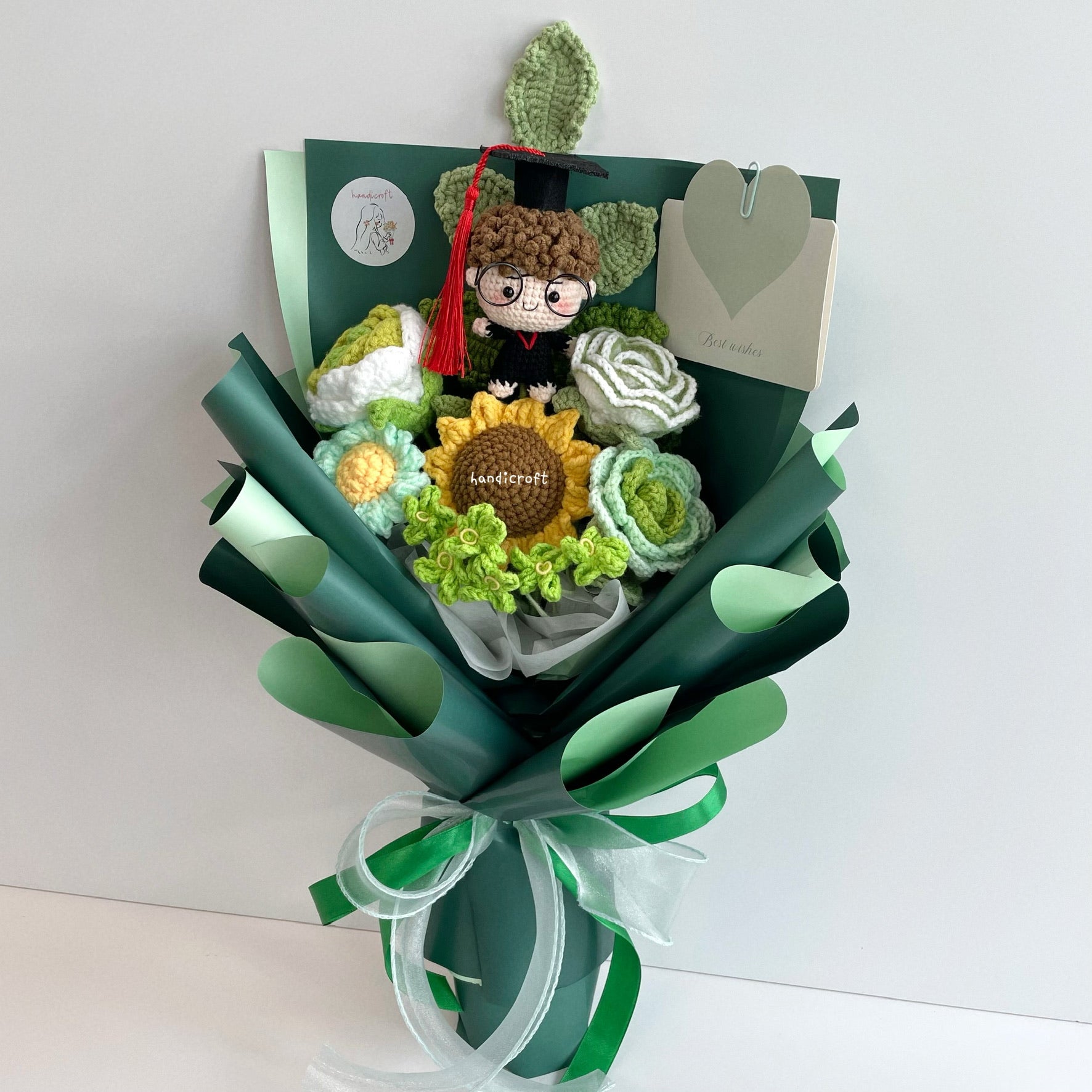 handicroft handmade crochet graduation flower bouquet blossom burst green full body curly hair boy