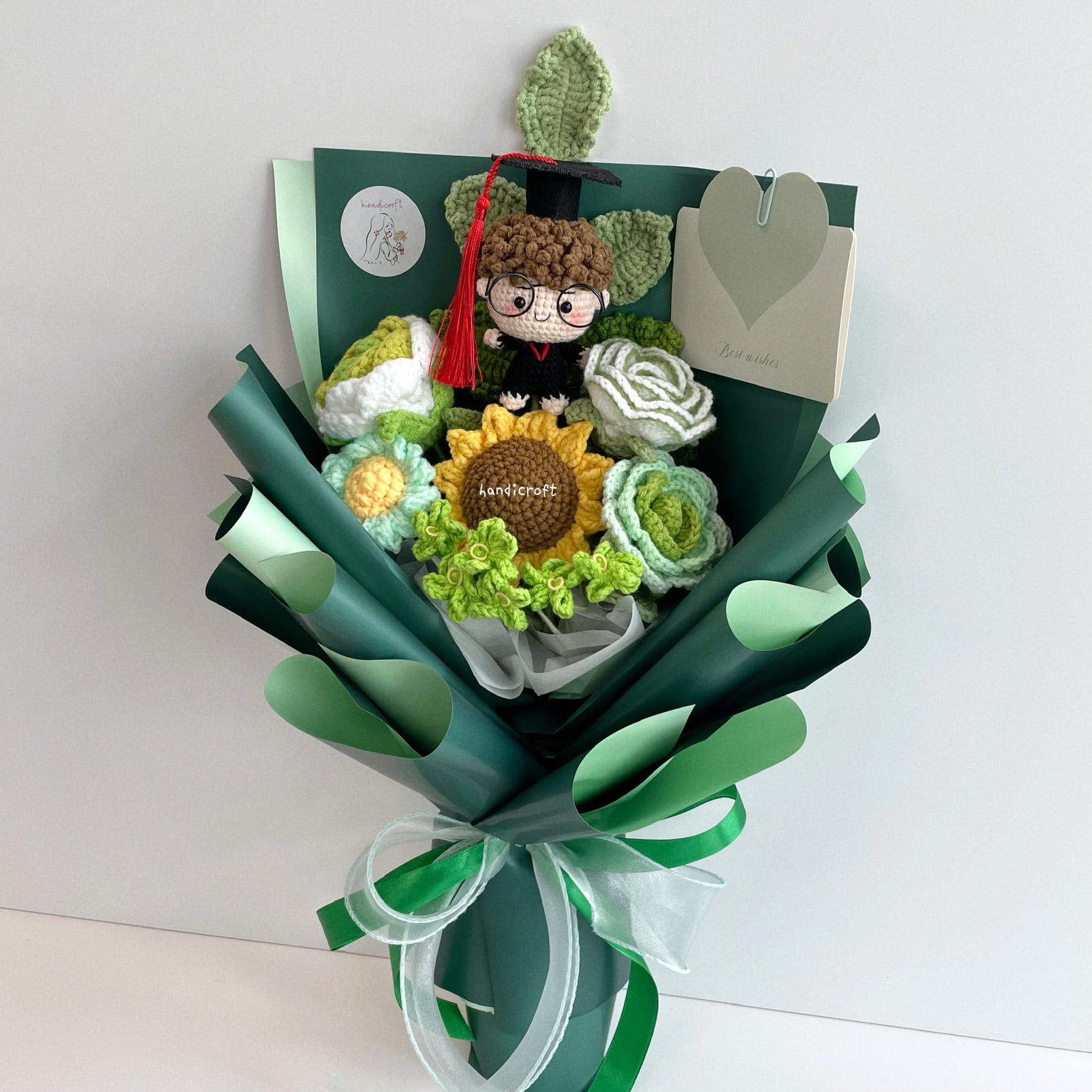 handicroft handmade crochet graduation flower bouquet blossom burst green full body curly hair boy