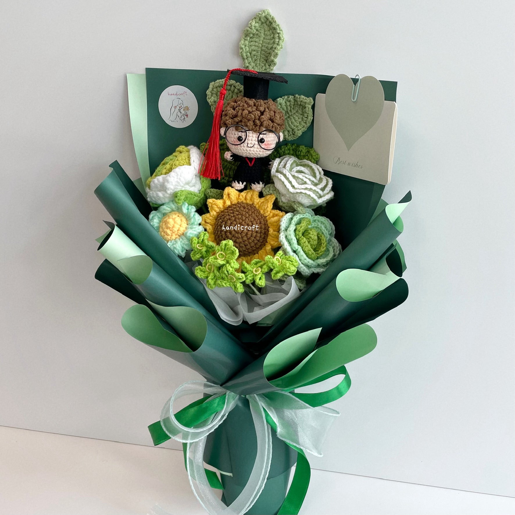 handicroft handmade crochet graduation flower bouquet blossom burst green full body curly hair boy