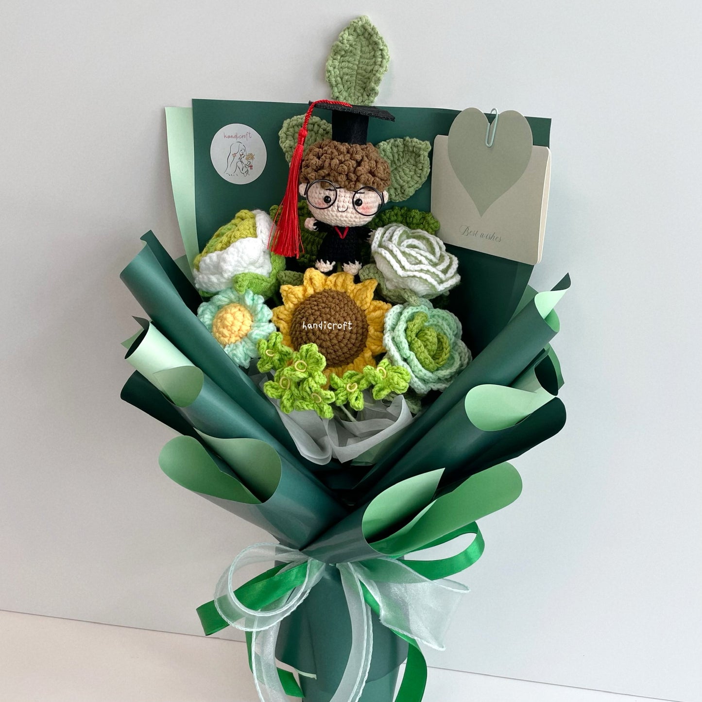 handicroft handmade crochet graduation flower bouquet blossom burst green full body curly hair boy