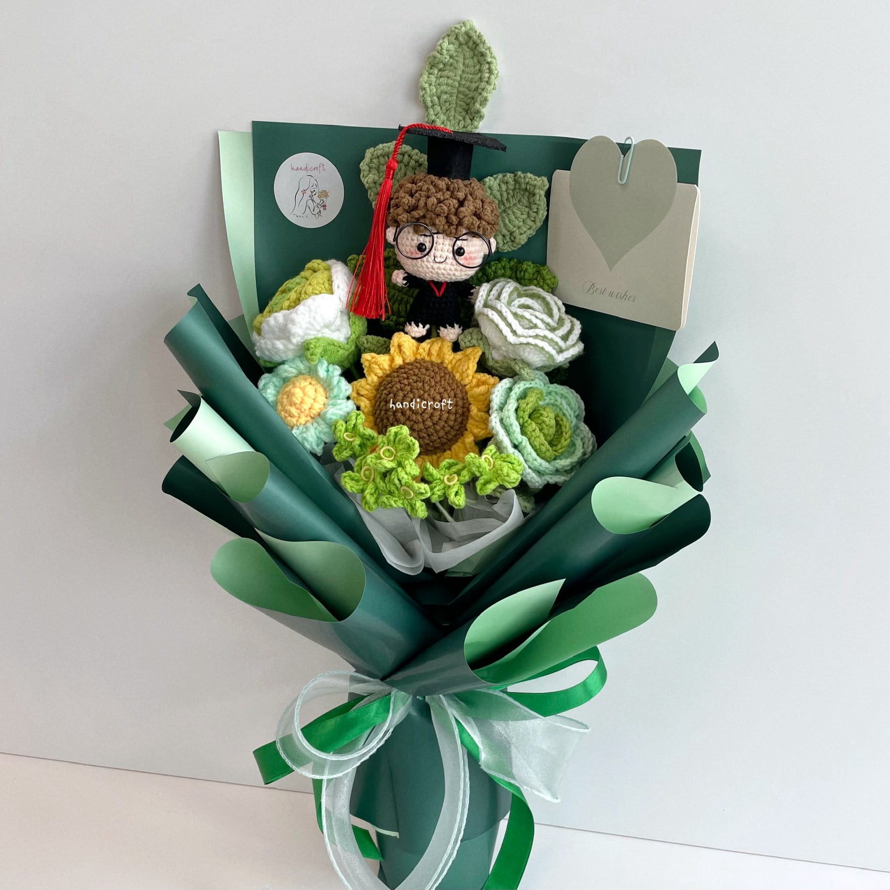 handicroft handmade crochet graduation flower bouquet blossom burst green full body curly hair boy