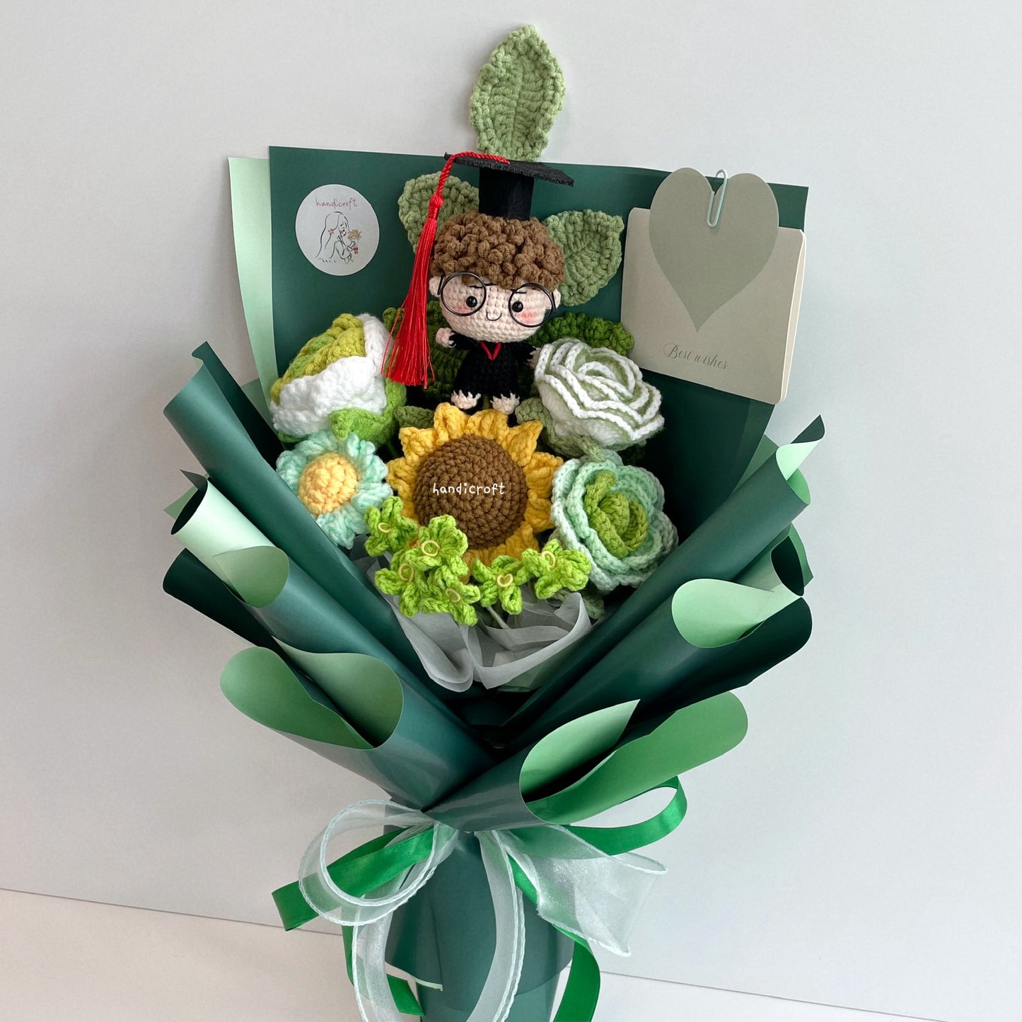 handicroft handmade crochet graduation flower bouquet blossom burst green full body curly hair boy