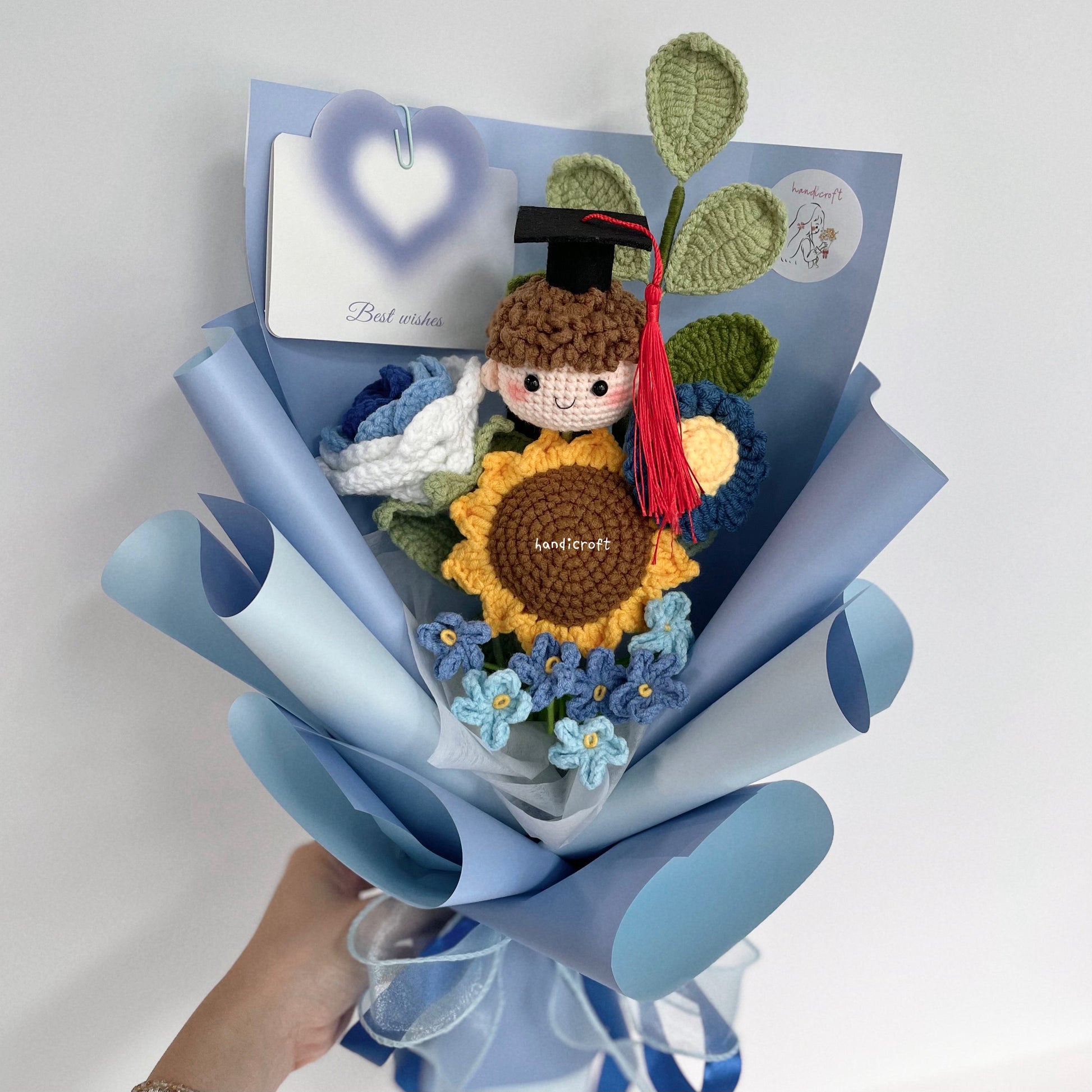 handicroft handmade crochet graduation flower bouquet celebrate blossoms blue #2 boy head
