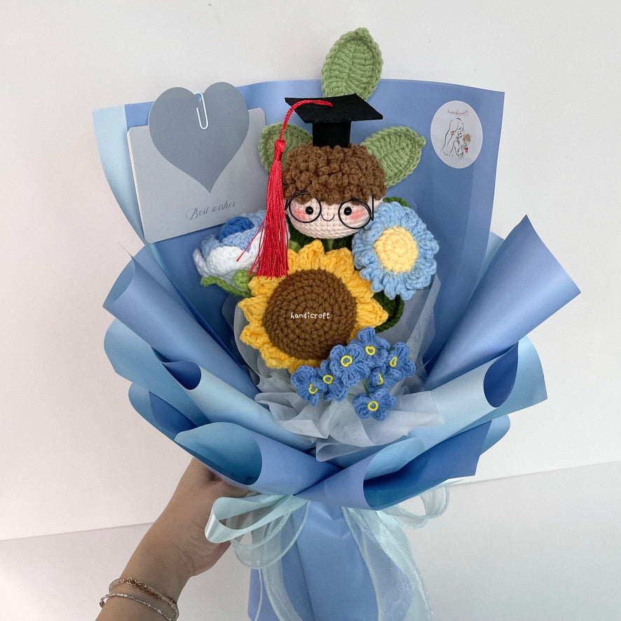 handicroft handmade crochet graduation flower bouquet celebrate blossoms blue #2 boy head