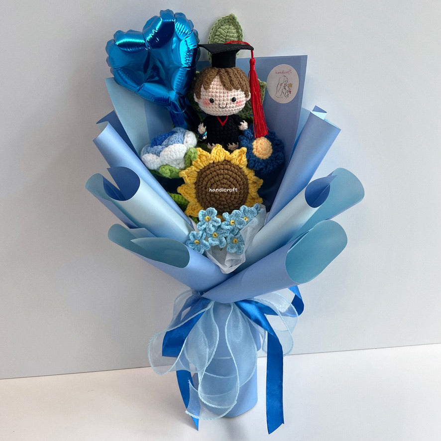 handicroft handmade crochet graduation flower bouquet celebrate blossoms blue #3 full body straight hair unisex