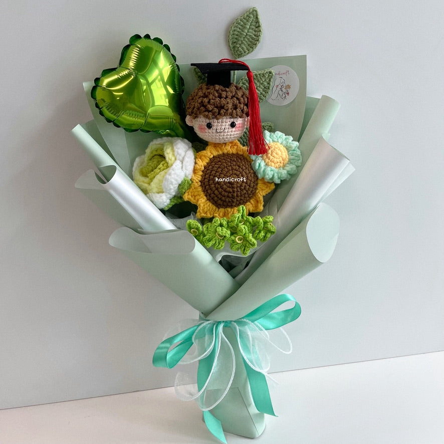 handicroft handmade crochet graduation flower bouquet celebrate blossoms green #2 boy head