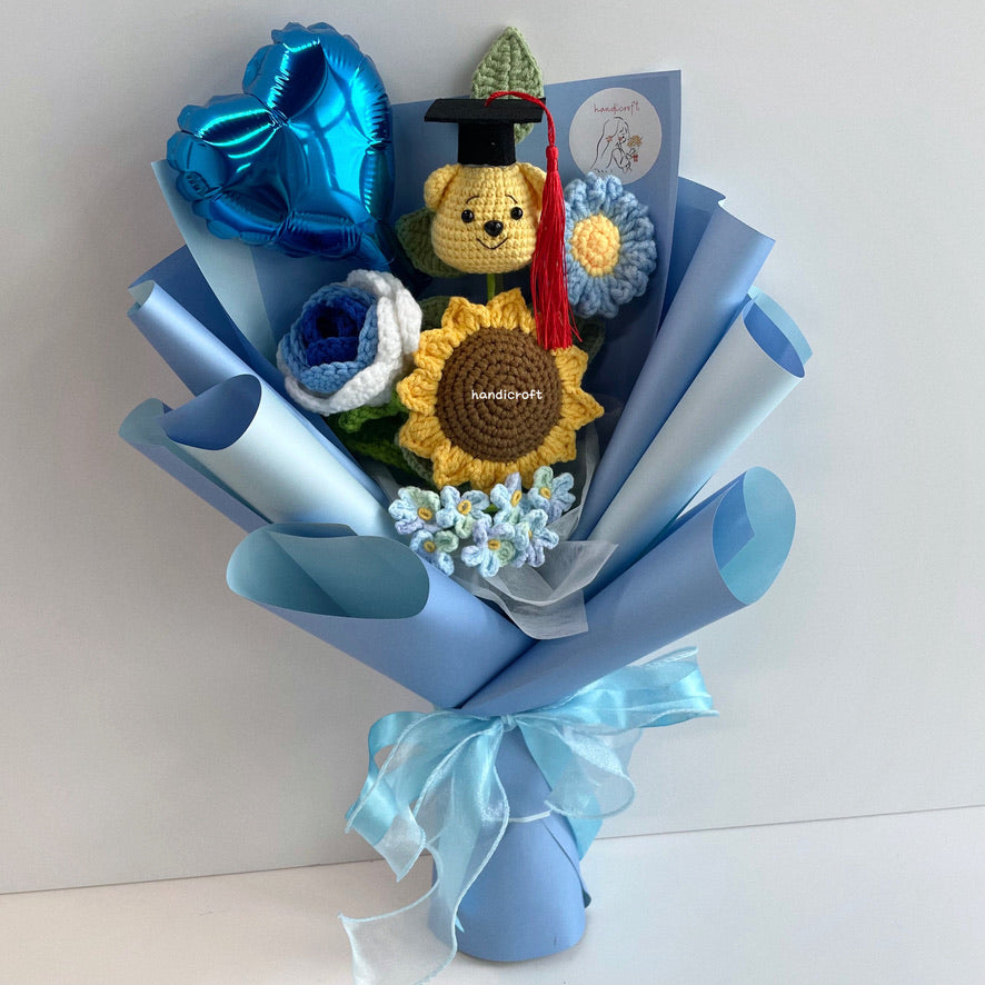 handicroft handmade crochet graduation flower bouquet celebrate blossoms: hunny edition blue