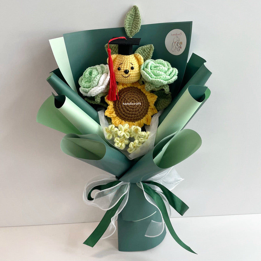 handicroft handmade crochet graduation flower bouquet celebrate blossoms: hunny edition green