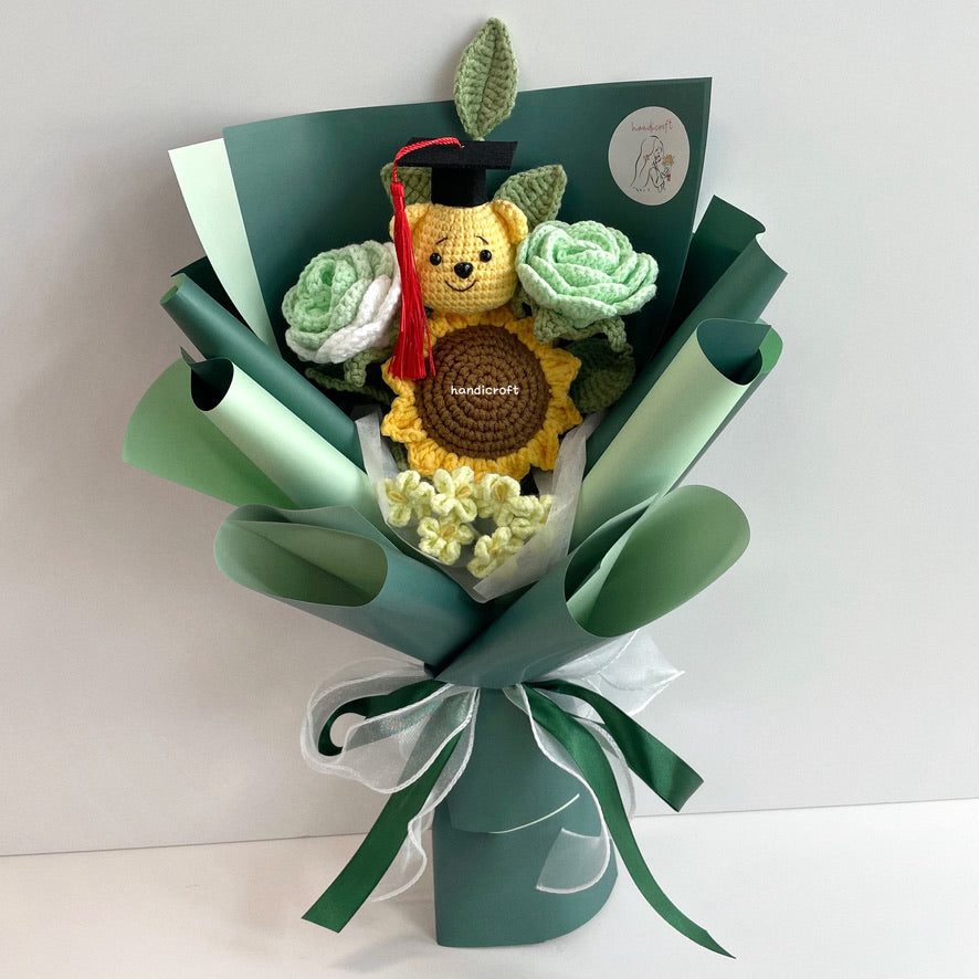 handicroft handmade crochet graduation flower bouquet celebrate blossoms: hunny edition green
