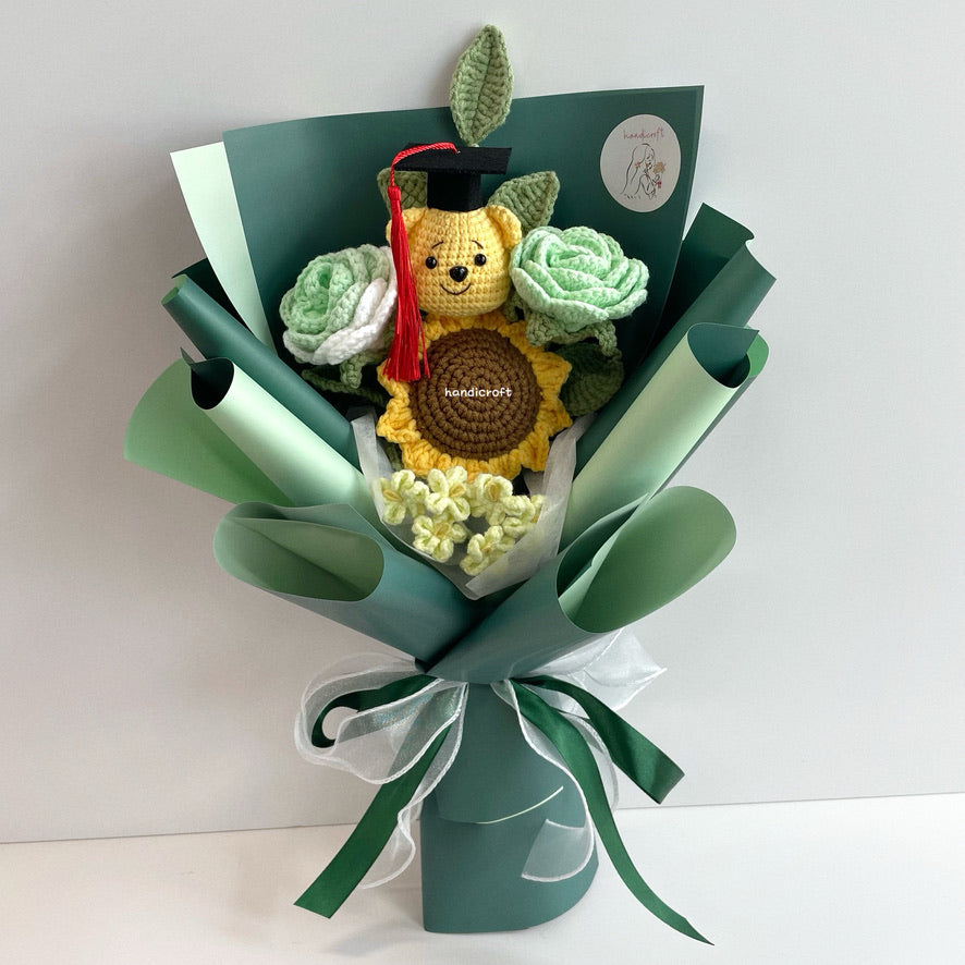 handicroft handmade crochet graduation flower bouquet celebrate blossoms: hunny edition green