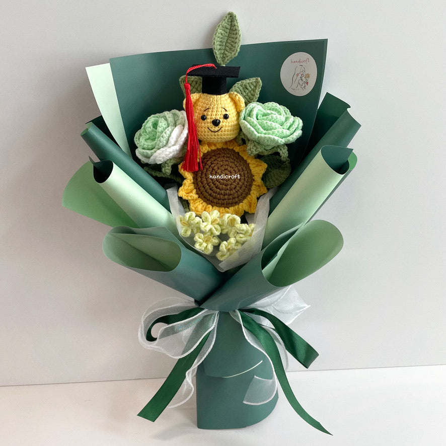 handicroft handmade crochet graduation flower bouquet celebrate blossoms: hunny edition green