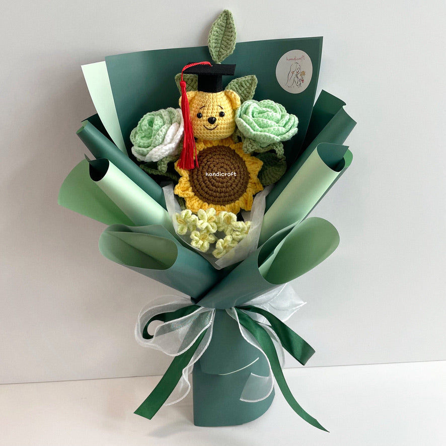 handicroft handmade crochet graduation flower bouquet celebrate blossoms: hunny edition green