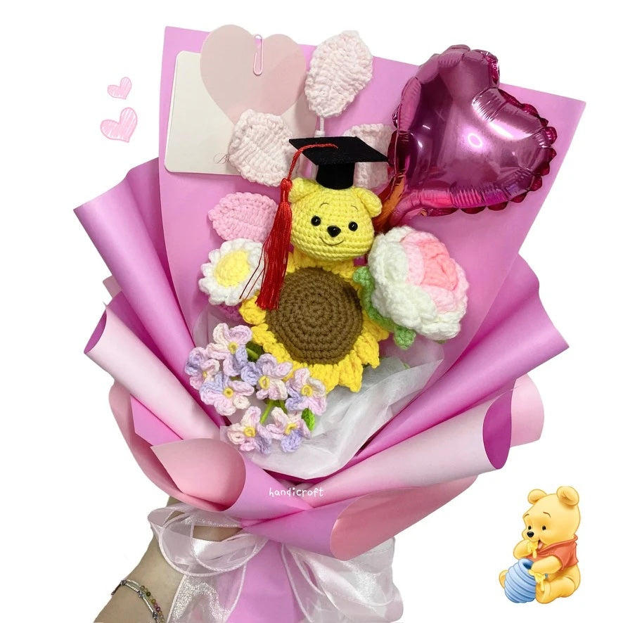 handicroft handmade crochet graduation flower bouquet celebrate blossoms: hunny edition pink