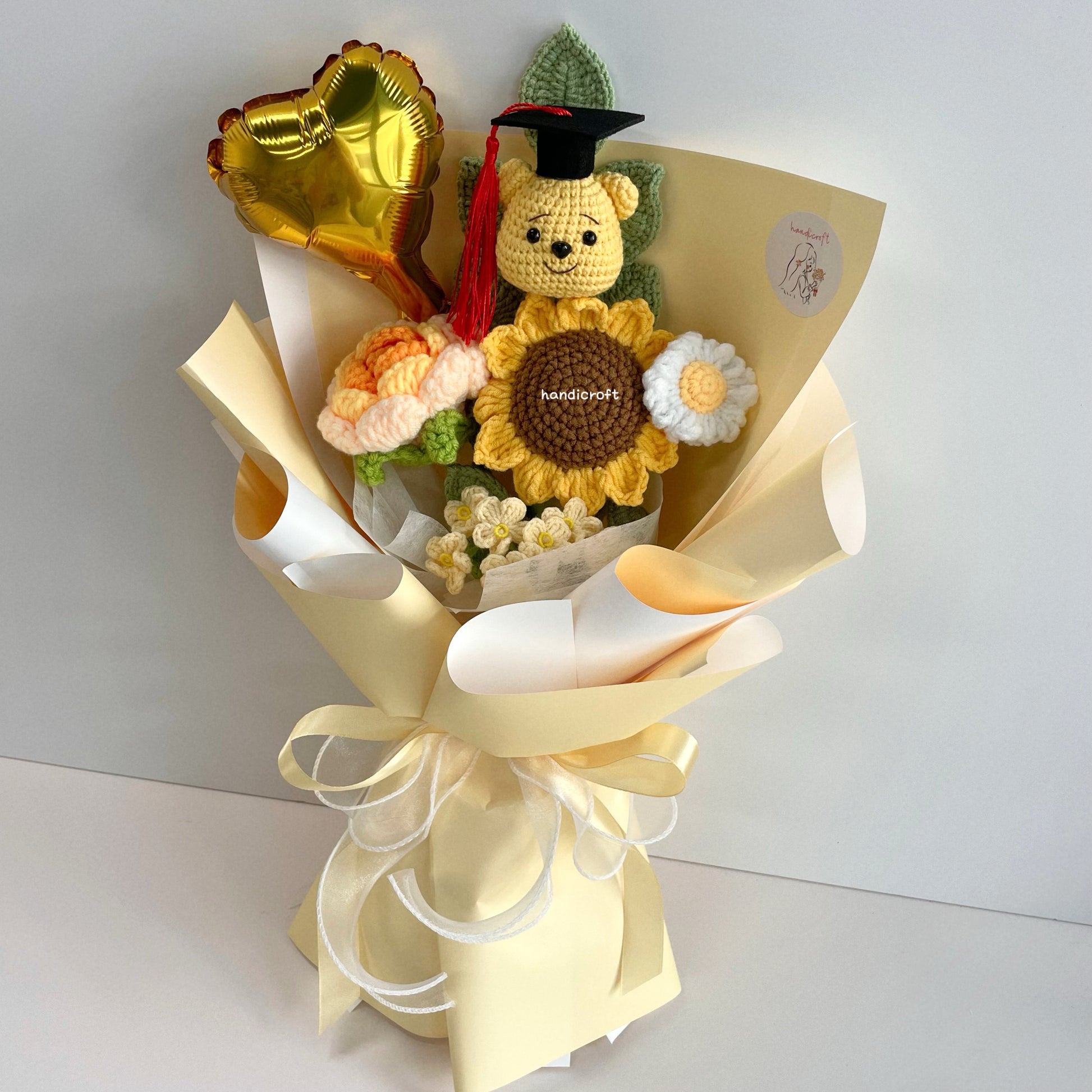 handicroft handmade crochet graduation flower bouquet celebrate blossoms: hunny edition yellow