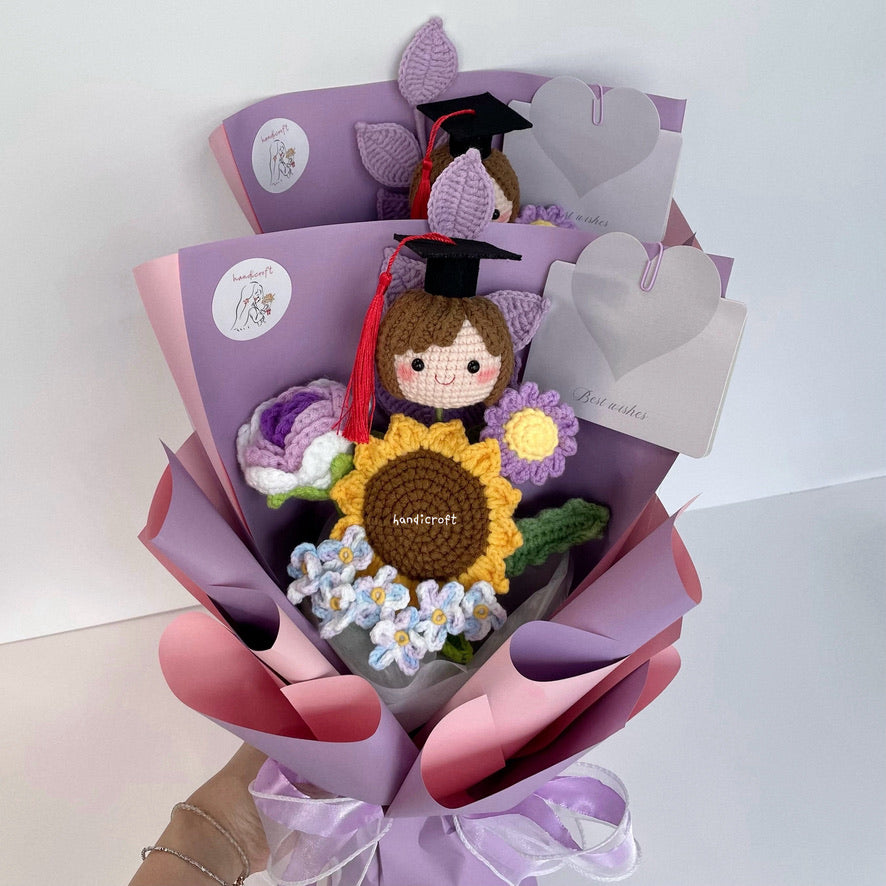handicroft handmade crochet graduation flower bouquet celebrate blossoms purple #1 girl head