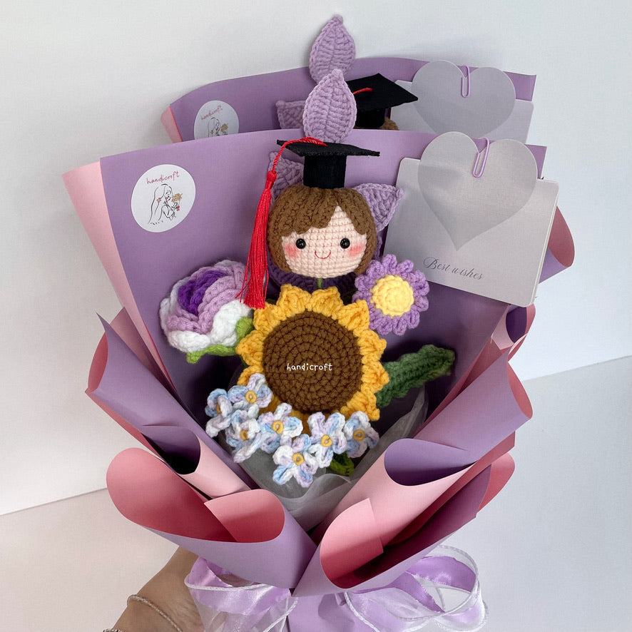 handicroft handmade crochet graduation flower bouquet celebrate blossoms purple #1 girl head