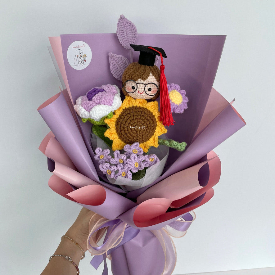 handicroft handmade crochet graduation flower bouquet celebrate blossoms purple #1 girl head