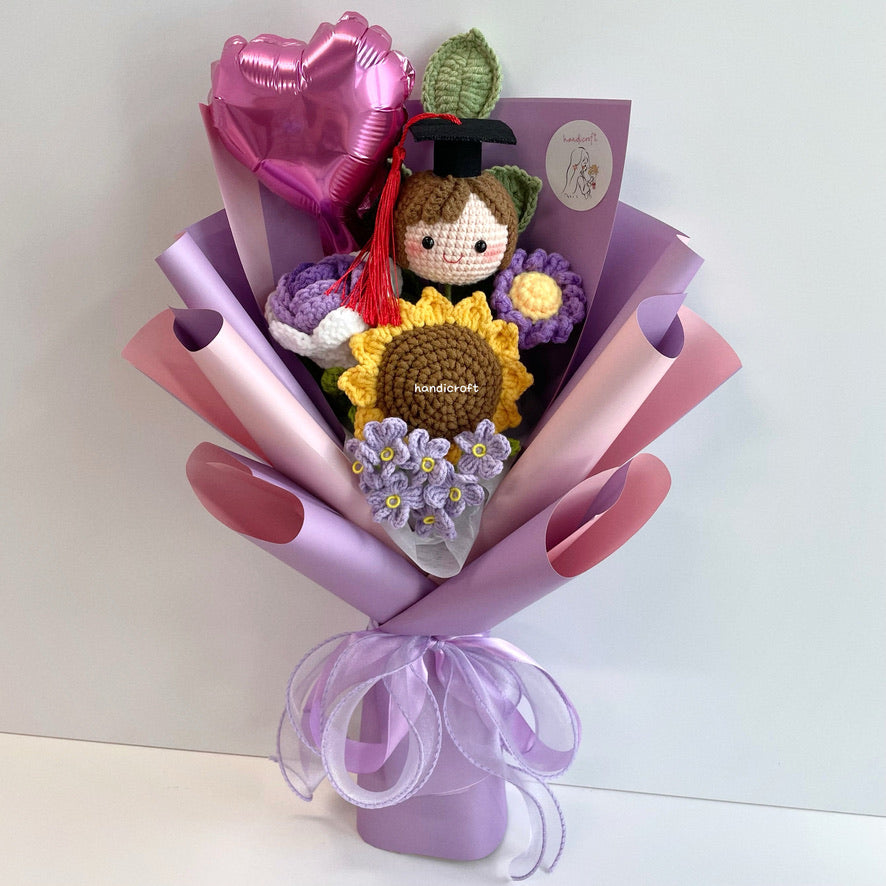 handicroft handmade crochet graduation flower bouquet celebrate blossoms purple #1 girl head