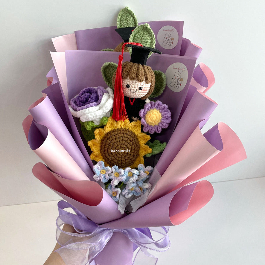 handicroft handmade crochet graduation flower bouquet celebrate blossoms purple #5 full body straight bangs girl