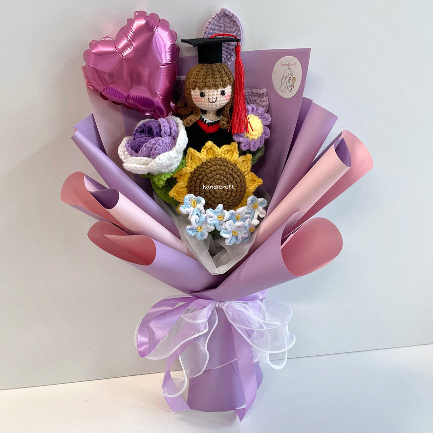 handicroft handmade crochet graduation flower bouquet celebrate blossoms purple #6 half body long hair girl