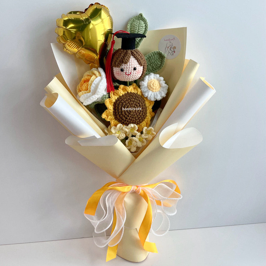 handicroft handmade crochet graduation flower bouquet celebrate blossoms yellow #1 girl head