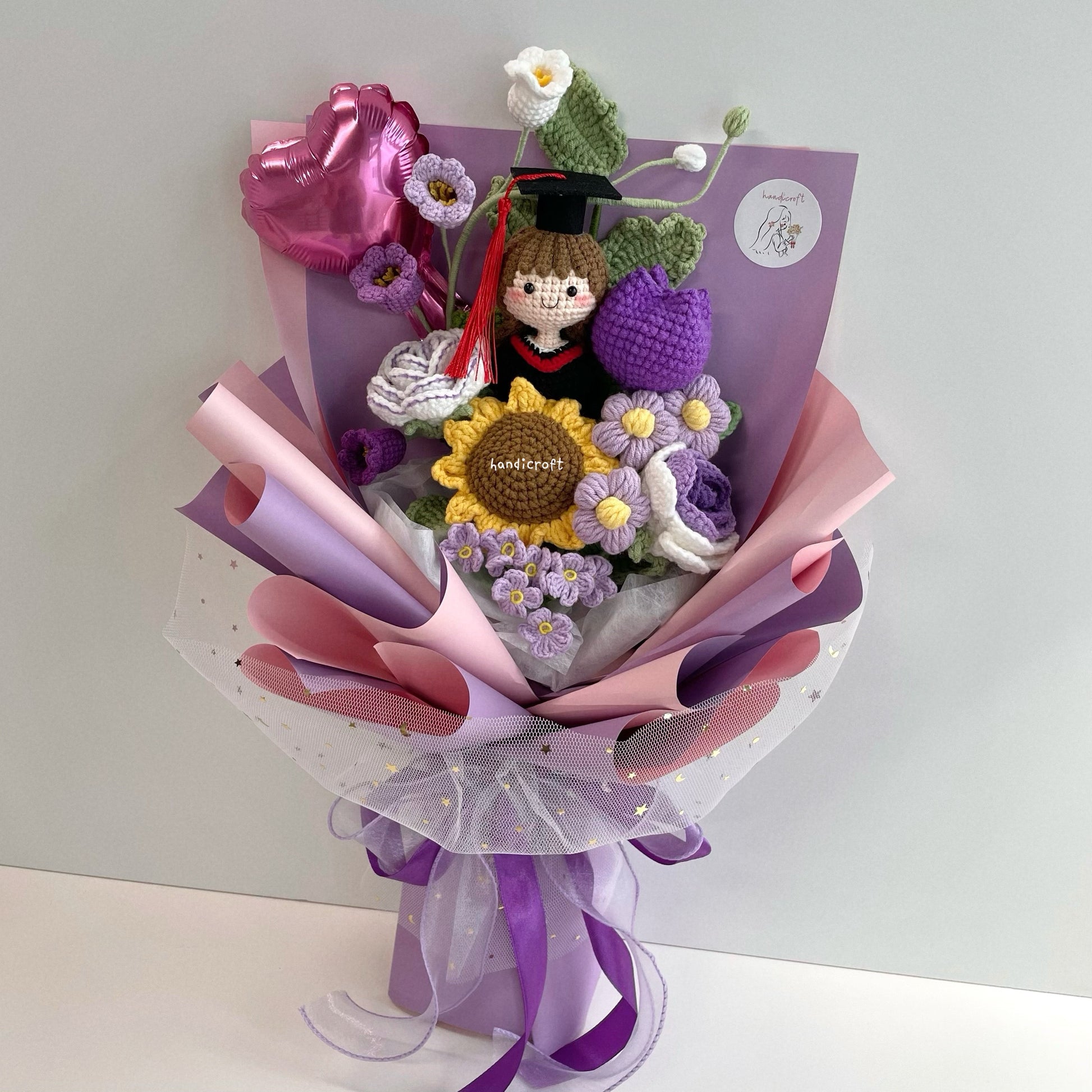 handicroft handmade crochet graduation flower bouquet grad glam purple