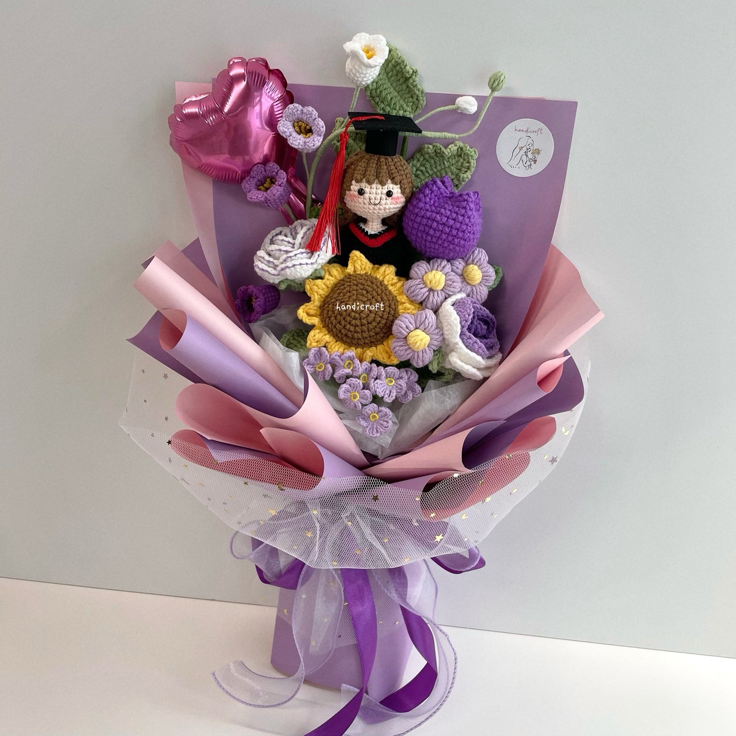 handicroft handmade crochet graduation flower bouquet grad glam purple