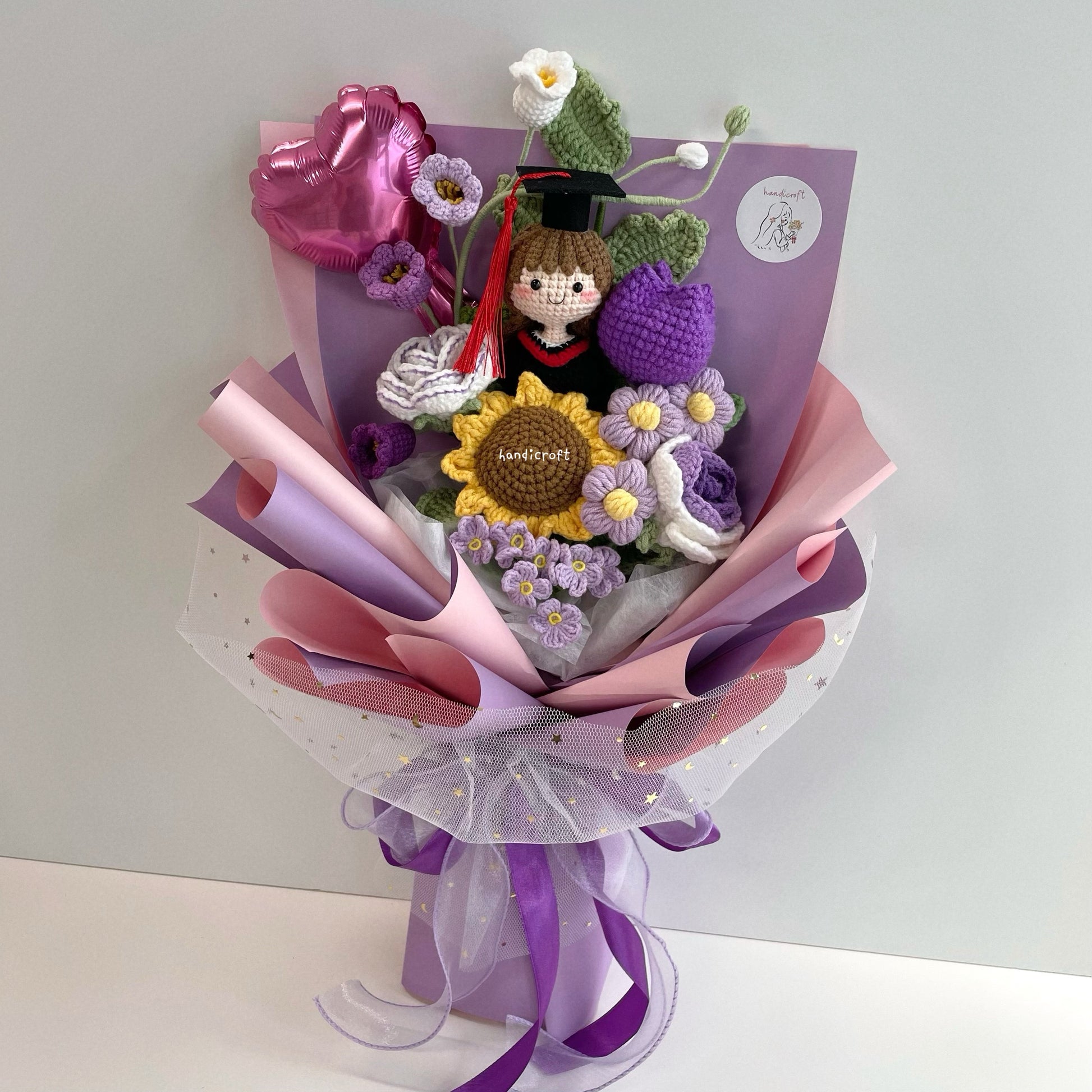 handicroft handmade crochet graduation flower bouquet grad glam purple