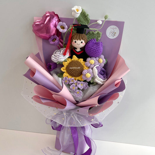 handicroft handmade crochet graduation flower bouquet grad glam purple