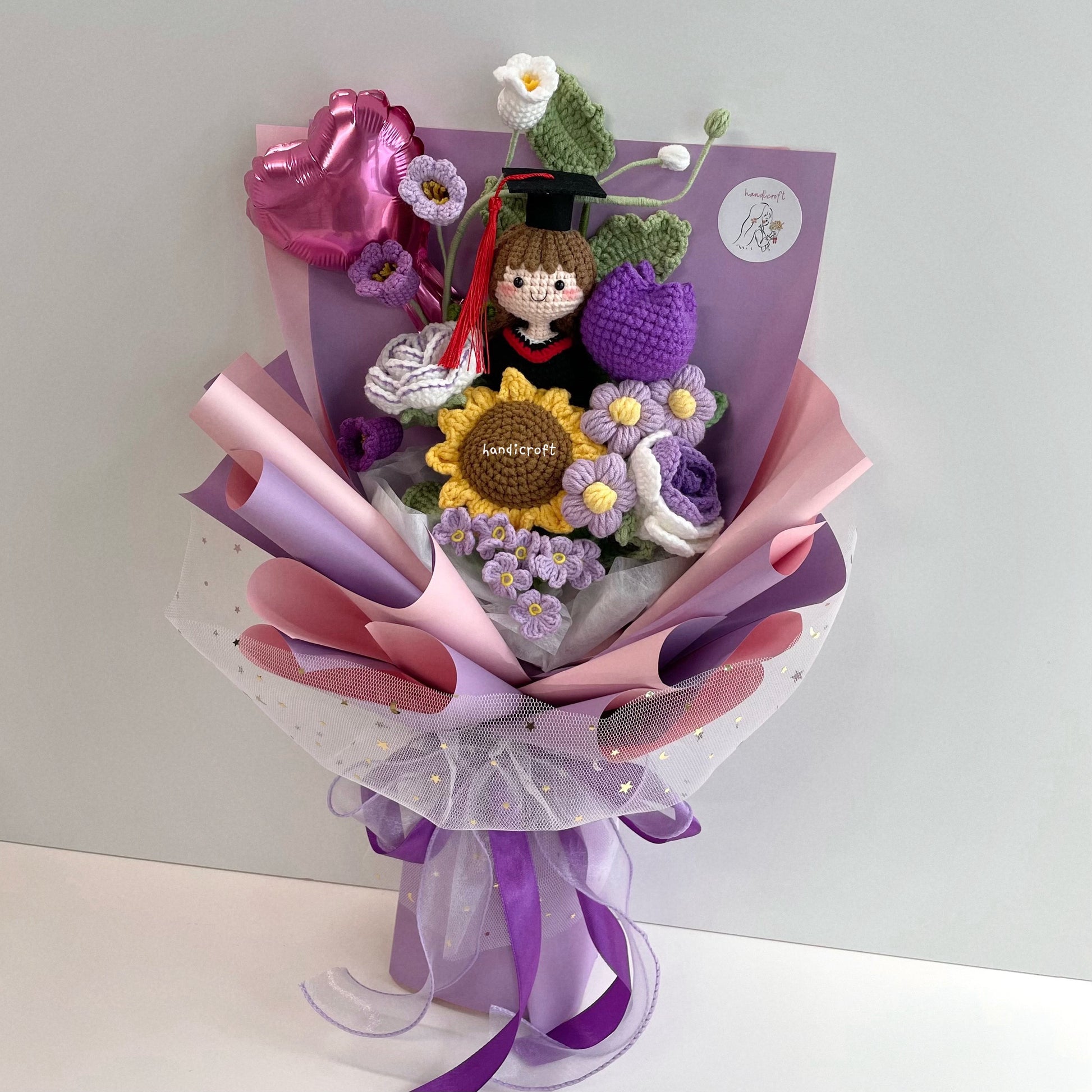 handicroft handmade crochet graduation flower bouquet grad glam purple