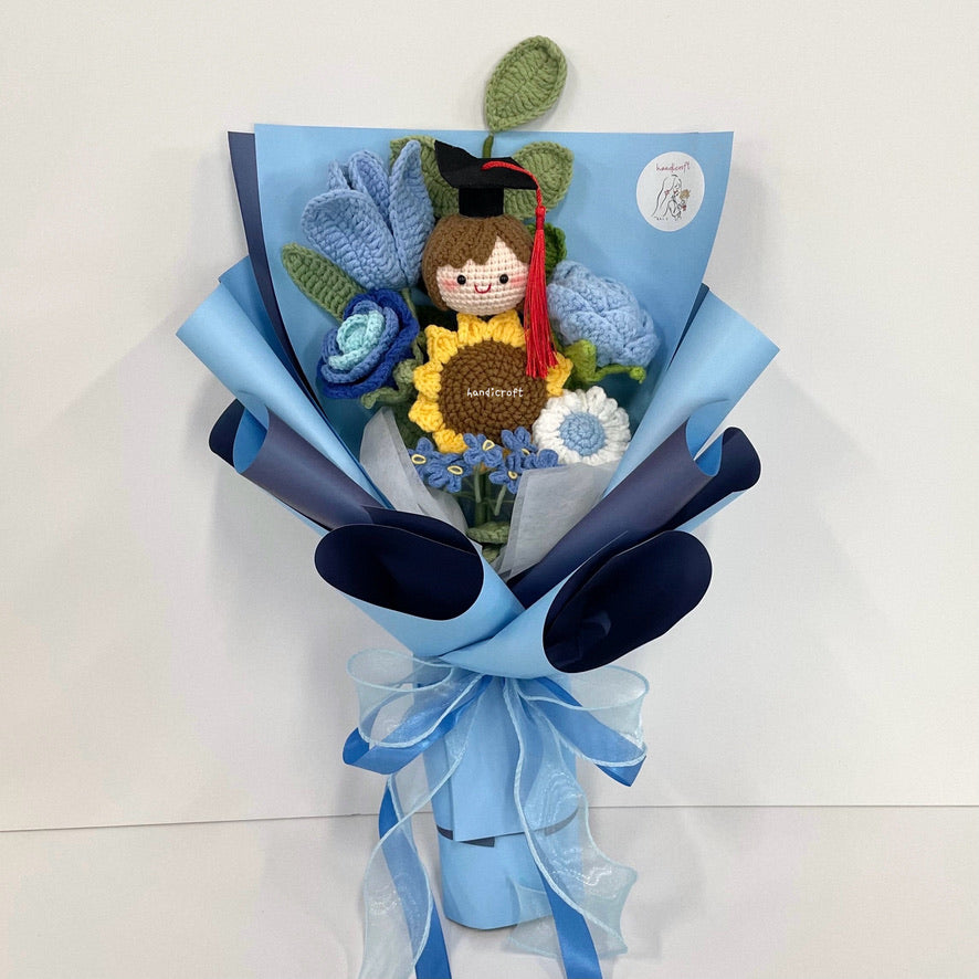 handicroft handmade crochet graduation flower bouquet happy petals blue girl