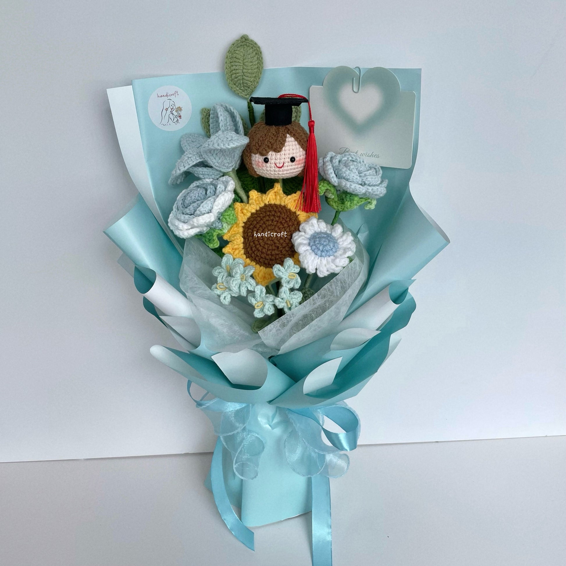 handicroft handmade crochet graduation flower bouquet happy petals light blue girl