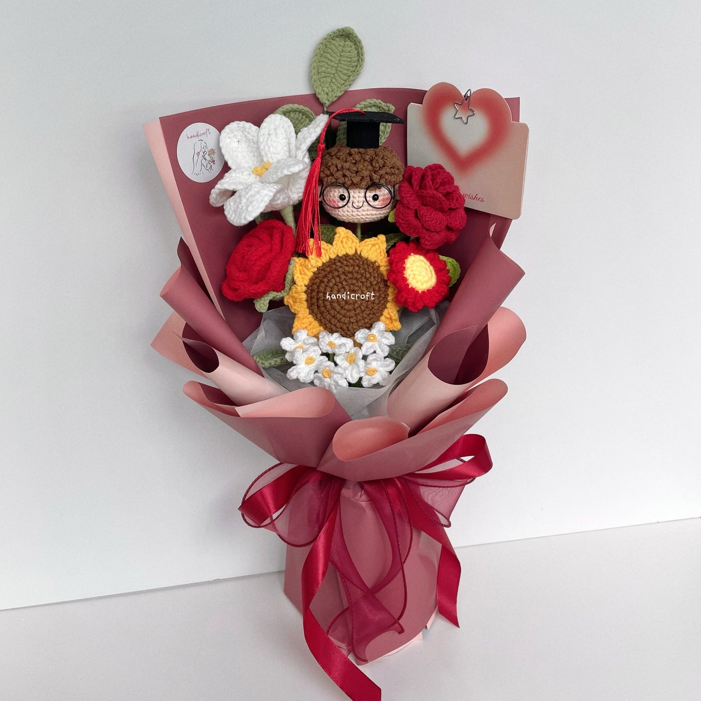 handicroft handmade crochet graduation flower bouquet happy petals red boy