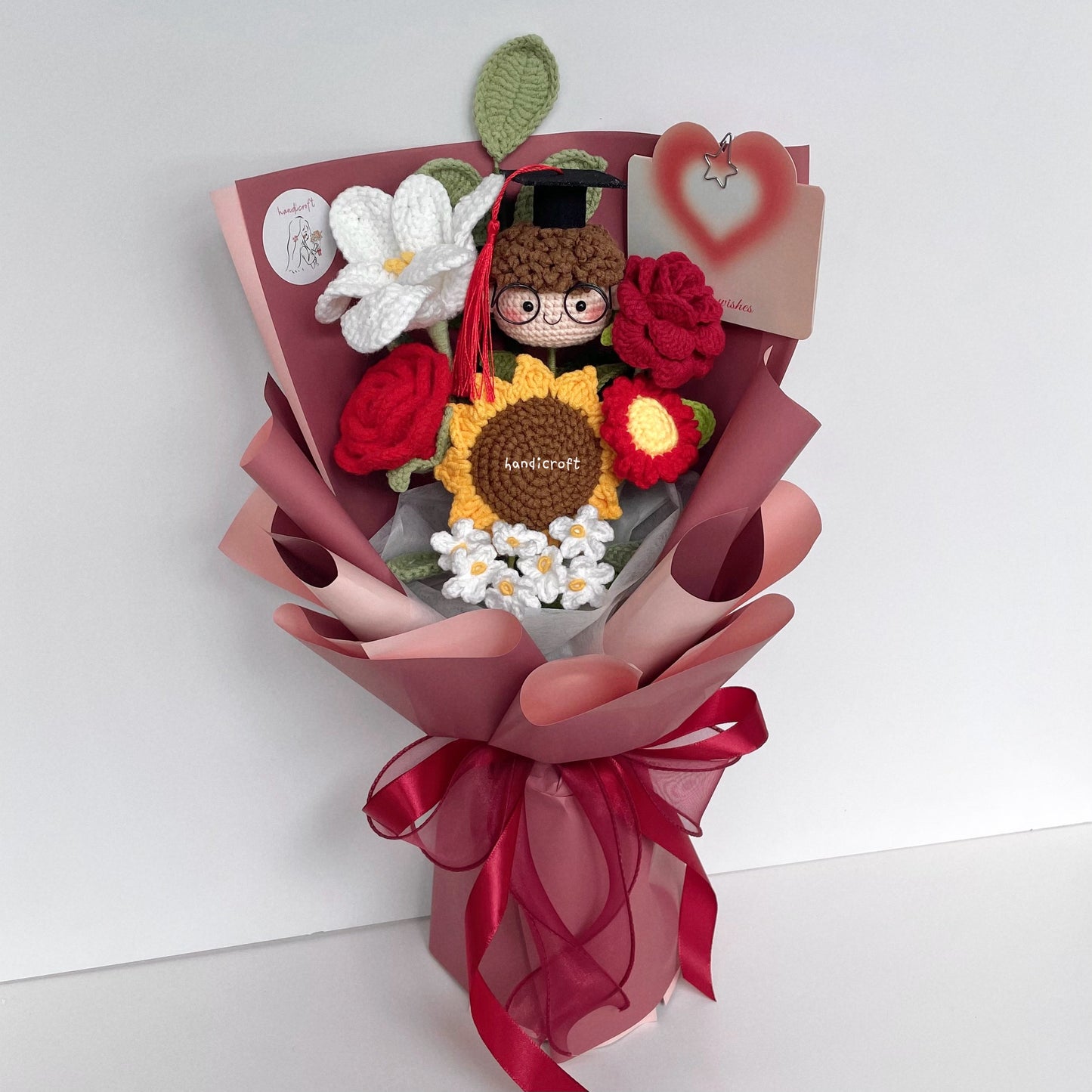 handicroft handmade crochet graduation flower bouquet happy petals red boy