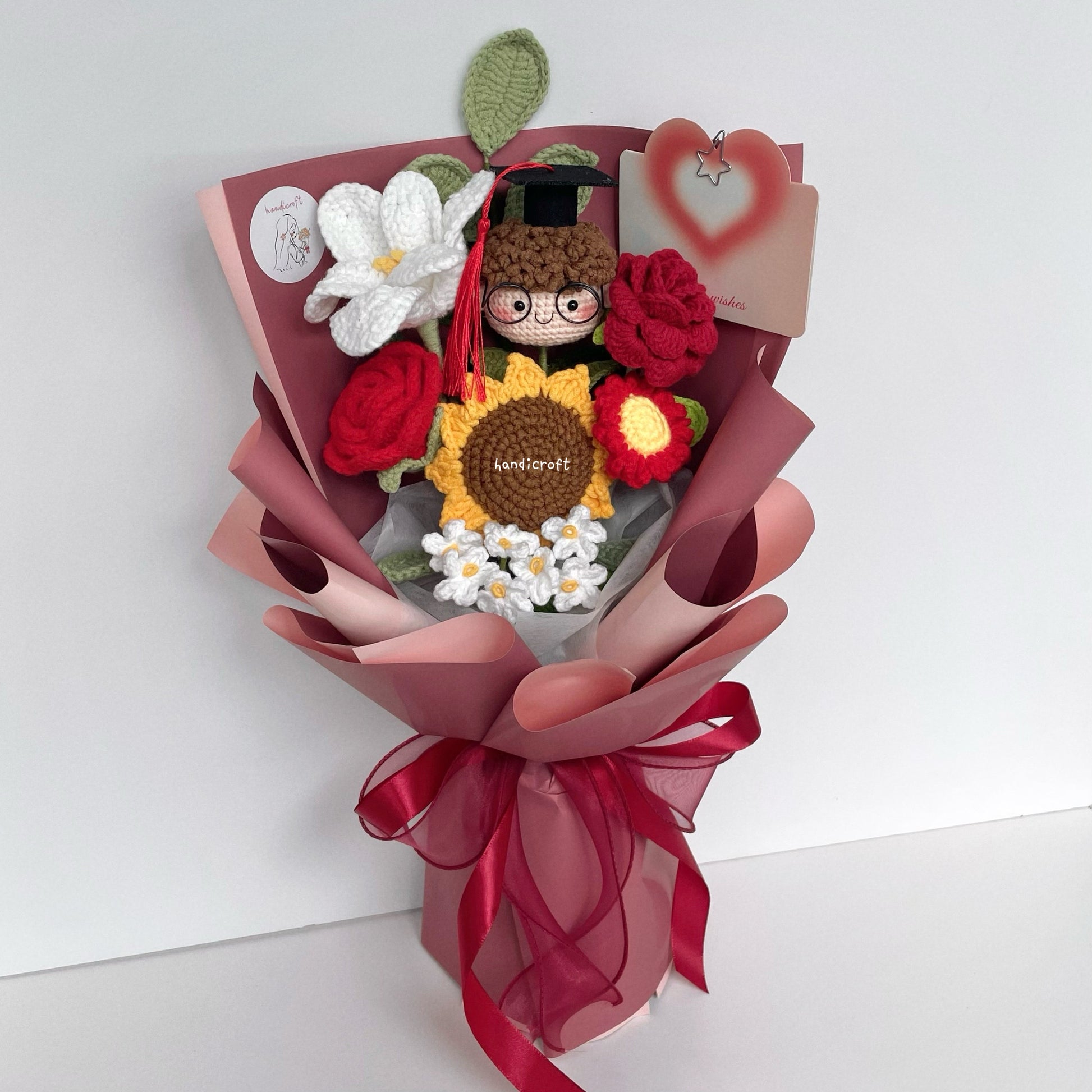 handicroft handmade crochet graduation flower bouquet happy petals red boy