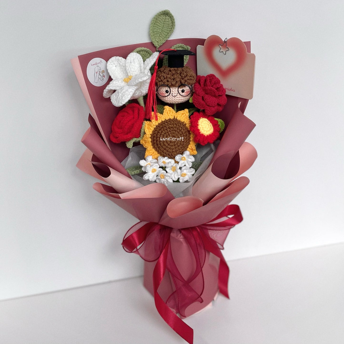 handicroft handmade crochet graduation flower bouquet happy petals red boy