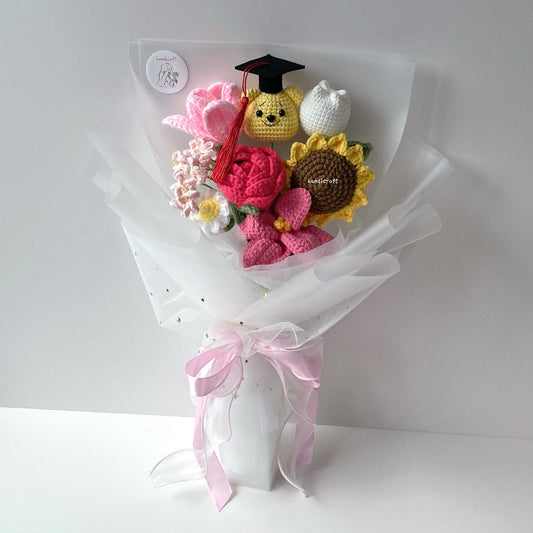 handicroft handmade crochet graduation flower bouquet milestone blooms winnie the pooh pink