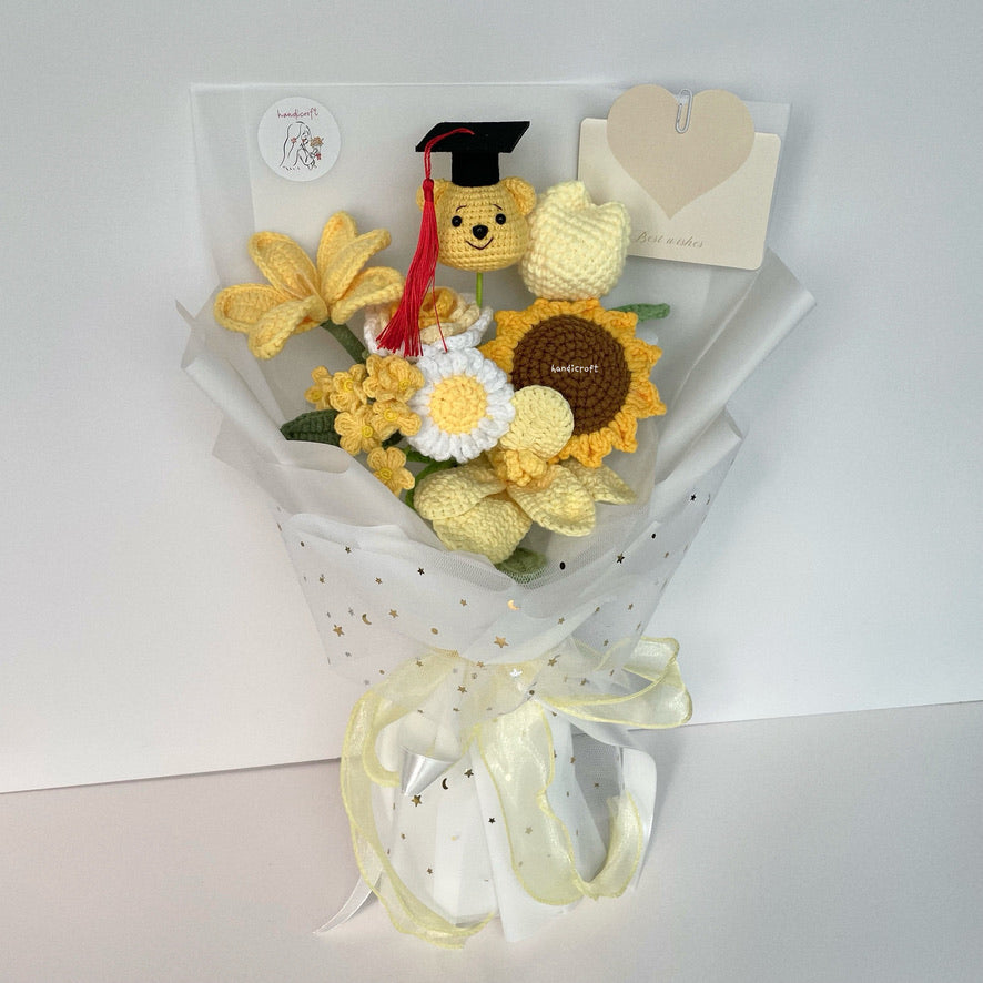 handicroft handmade crochet graduation flower bouquet milestone blooms winnie the pooh yellow