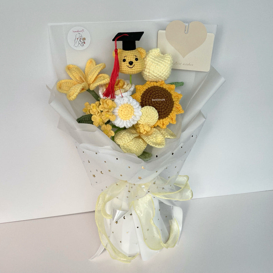 handicroft handmade crochet graduation flower bouquet milestone blooms winnie the pooh yellow