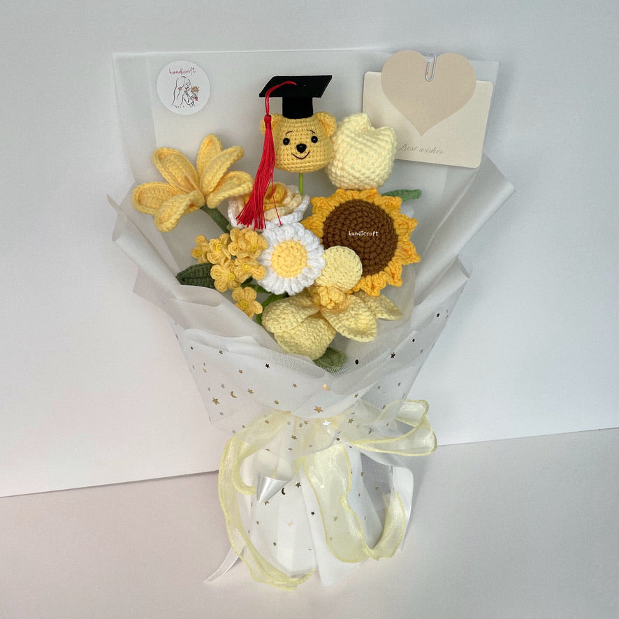 handicroft handmade crochet graduation flower bouquet milestone blooms winnie the pooh yellow