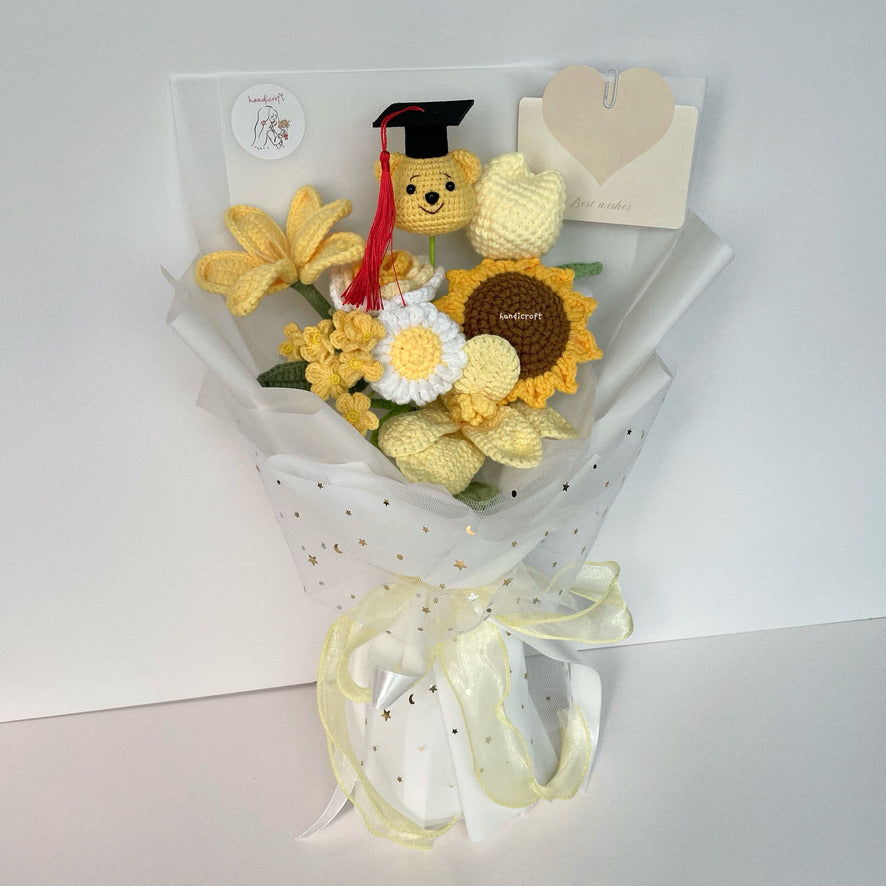 handicroft handmade crochet graduation flower bouquet milestone blooms winnie the pooh yellow