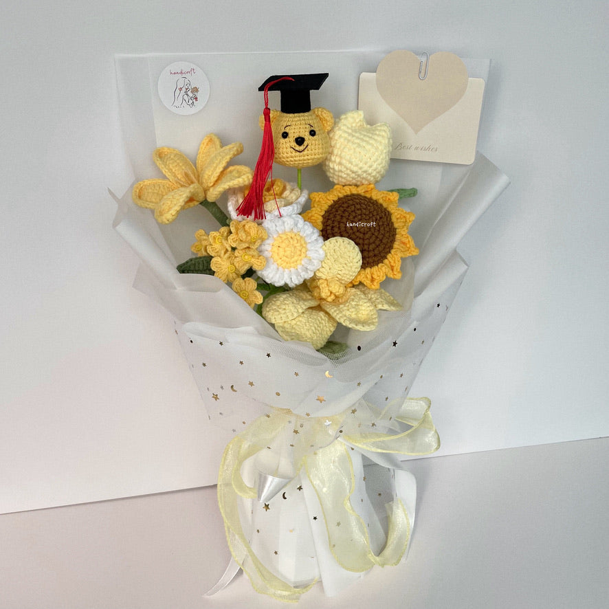 handicroft handmade crochet graduation flower bouquet milestone blooms winnie the pooh yellow