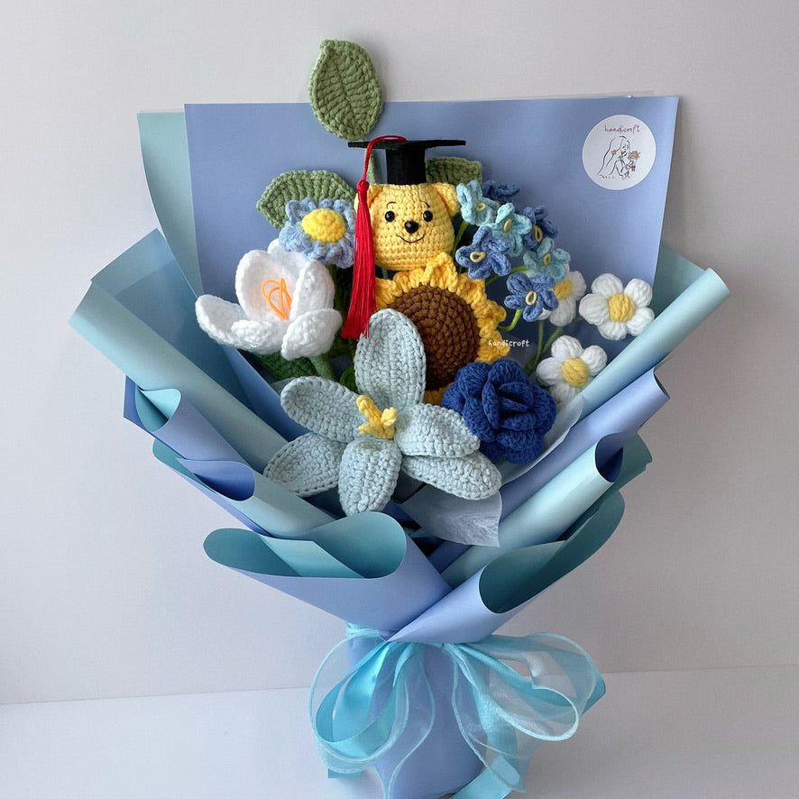 handicroft handmade crochet graduation flower bouquet sunny chapter bear blue