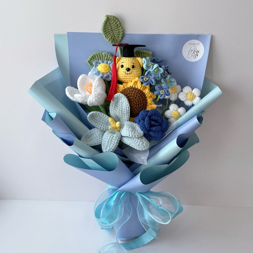handicroft handmade crochet graduation flower bouquet sunny chapter bear blue