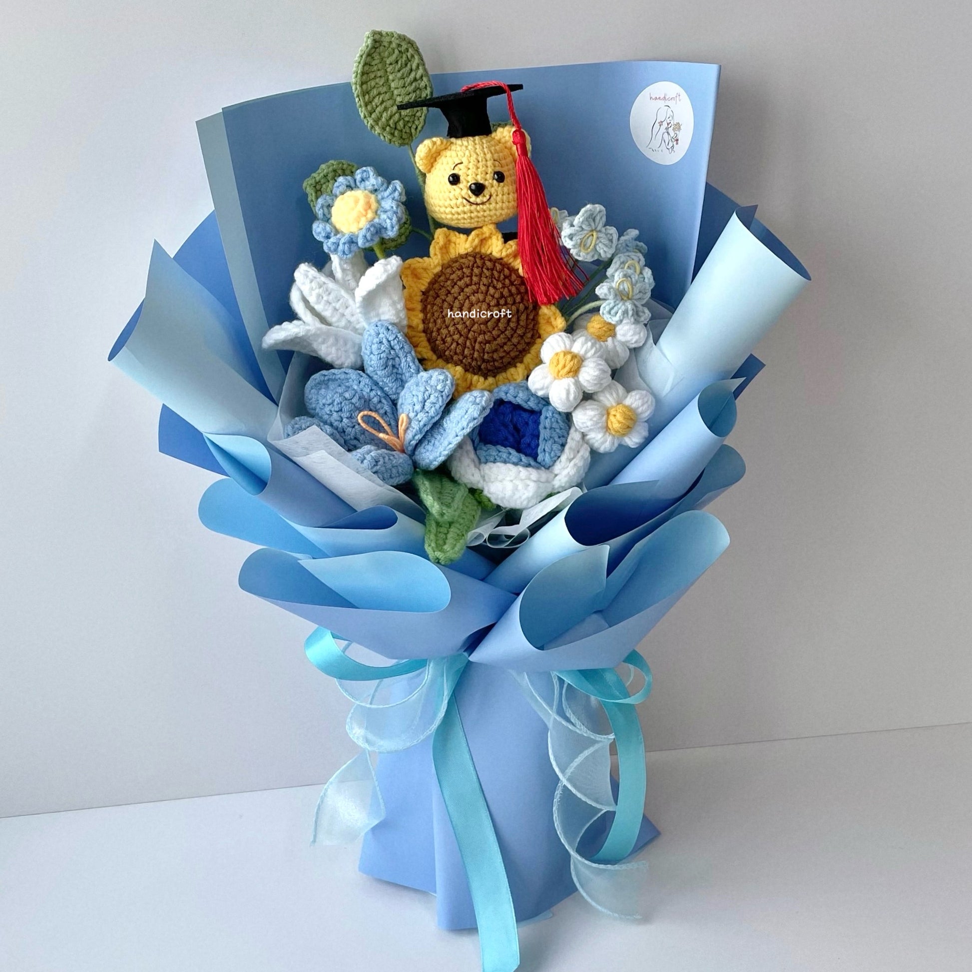 handicroft handmade crochet graduation flower bouquet sunny chapter bear blue